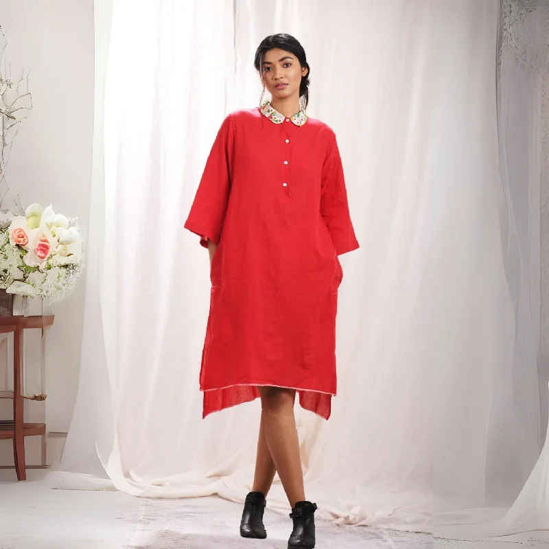 Red Peter Collar Dress | Feminine Design | Hand Embroidery | Muslin Cotton Tunics Designer luxury Red Peter Collar Dress | Feminine Design | Hand Embroidery | Muslin Cotton Tunics Designer luxury