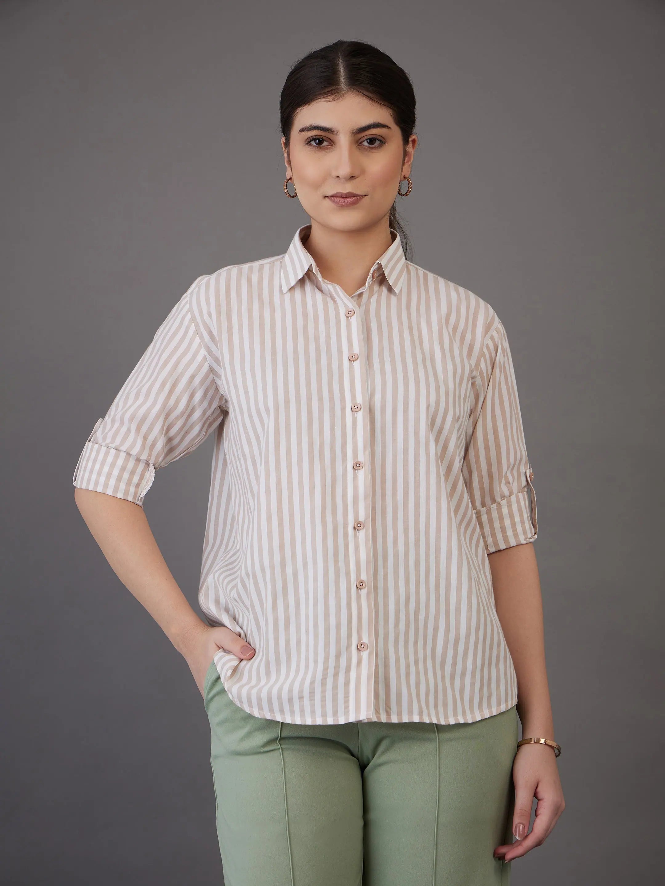 Women Brown Stripes Regular Fit Shirt-- Print Jacquard Patchwork
