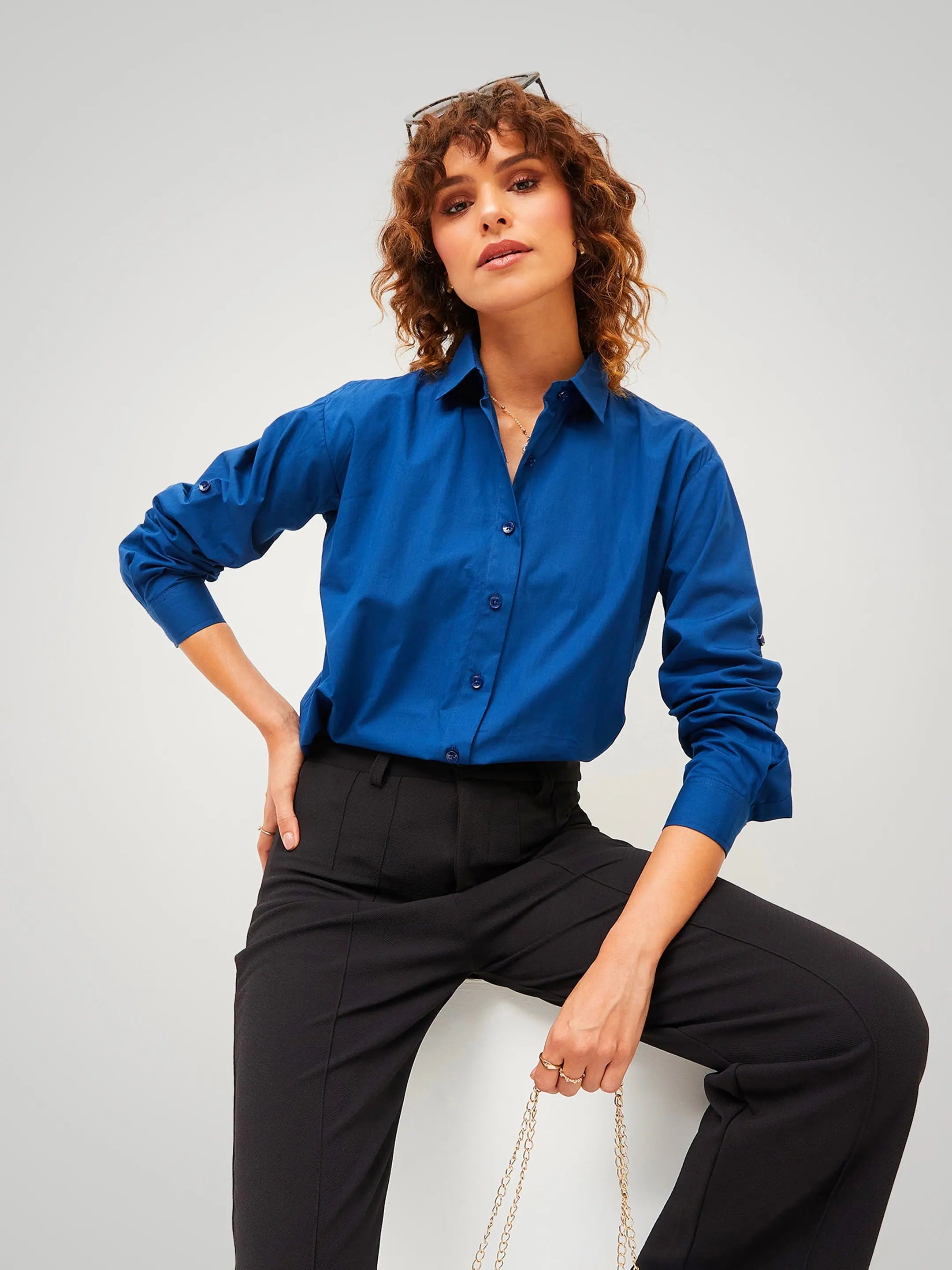 Women Navy Poplin Comfort Oversize Shirt-- Hooded Caped Shawl Collar