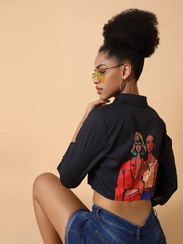 Women Graphic Black Crop Boxy Shirt-CHN-109-Black-- Houndstooth Herringbone Solid