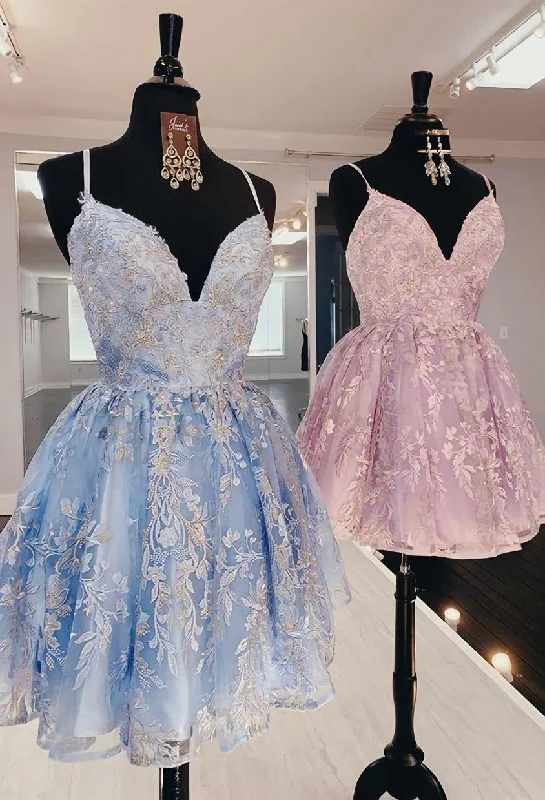 princess pink short homecoming dresses, light sky blue formal homecoming dresses, lace hoco dresses for teens Off-the-shoulder Chic Trendy princess pink short homecoming dresses, light sky blue formal homecoming dresses, lace hoco dresses for teens Off-the-shoulder Chic Trendy