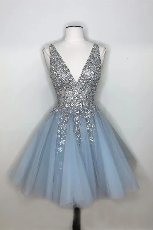 Sparkly A-line Deep V-neck Light Blue Short Homecoming Dresses Tunics Denim casual