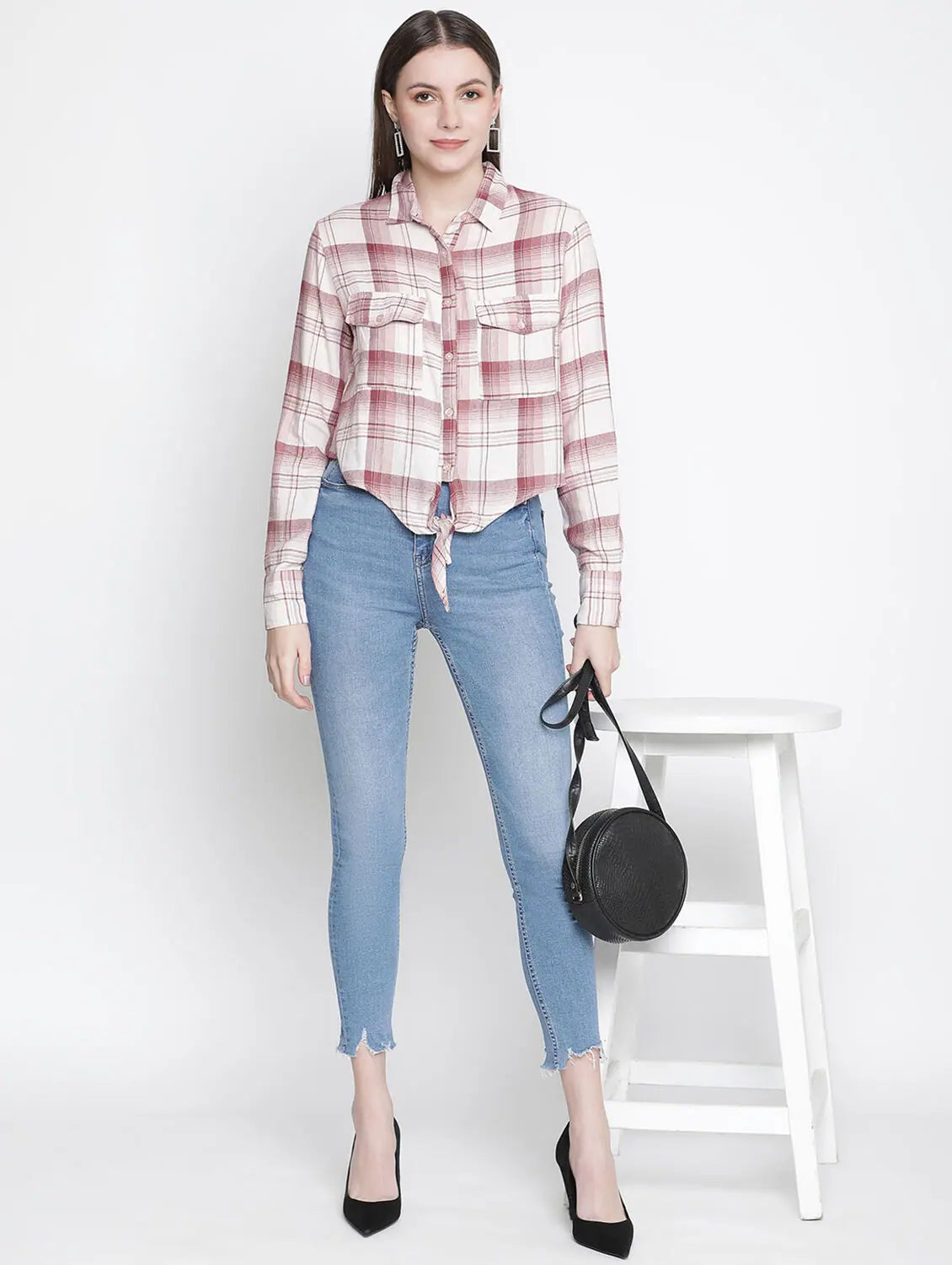 Jacks &Checks Tie-Knot Women Crop Shirt-- Chenille Brocade Lace