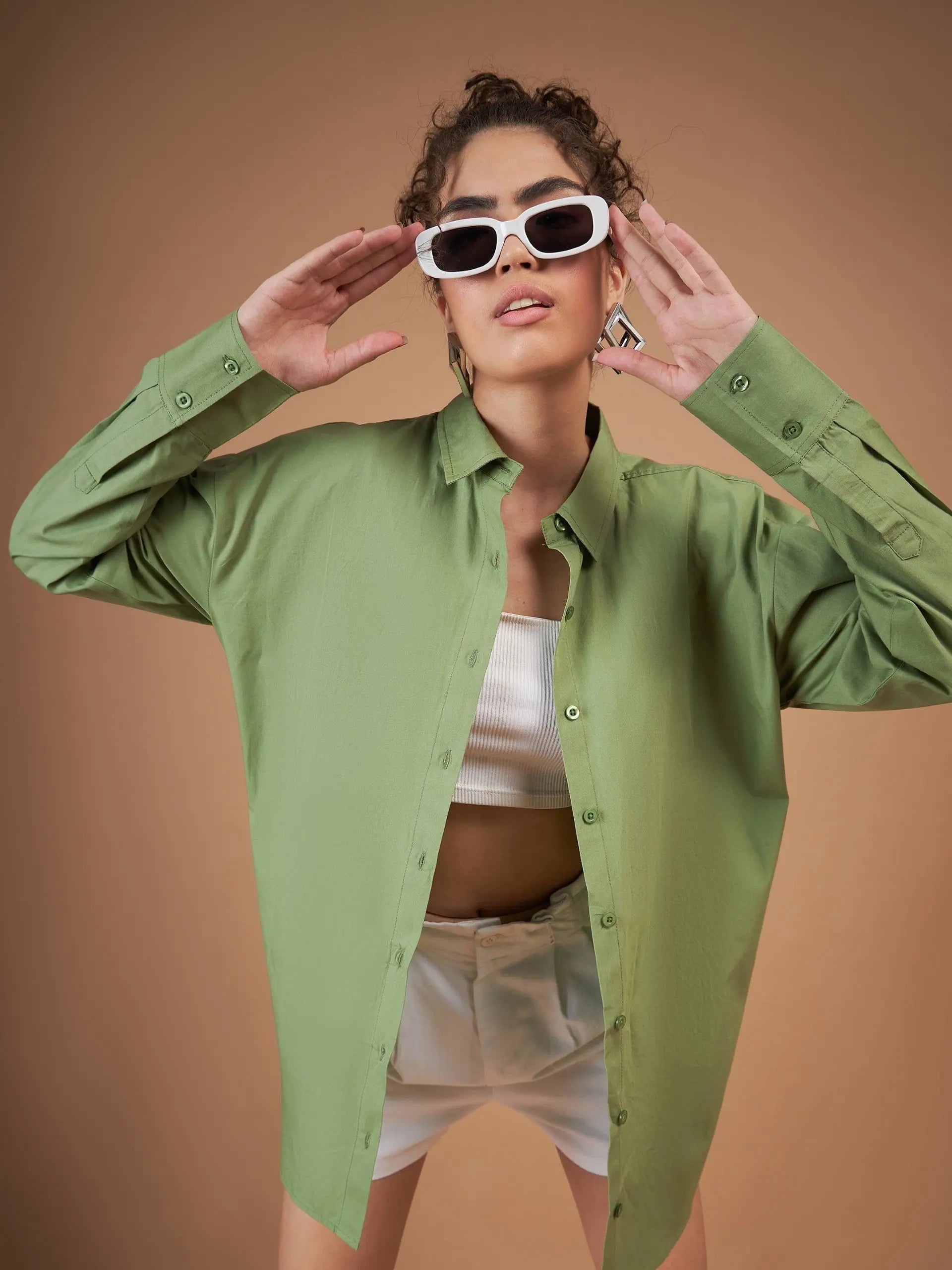 Women Olive Cotton Poplin Oversized Shirt-- Silk Blend Satin Velvet