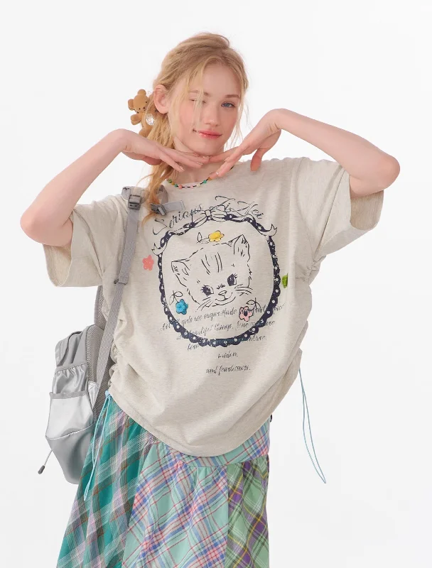 American Style Loose Cat Print Short-sleeved T-shirt ZIZ0099-- Ribbed T-Shirt High Neck Heavyweight American Style Loose Cat Print Short-sleeved T-shirt ZIZ0099-- Ribbed T-Shirt High Neck Heavyweight