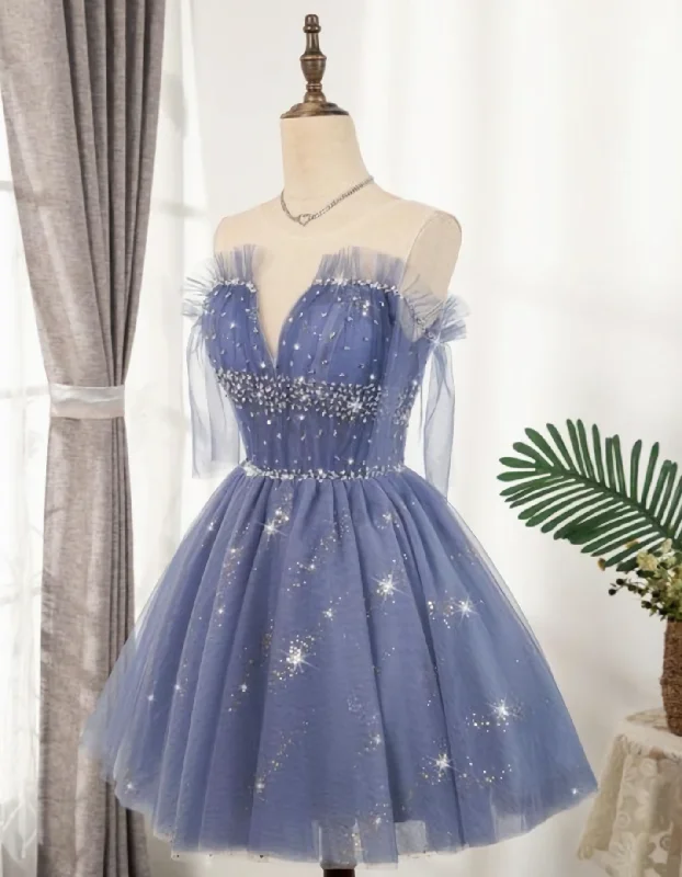 Flowy Cute A Line Blue Homecoming Dresses, Short Beading Tunics Fashionable trendy