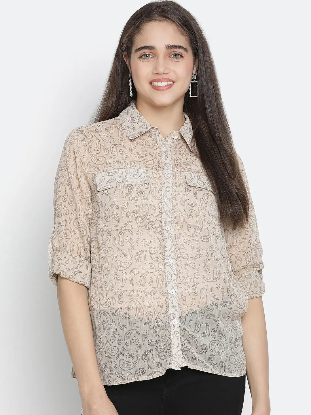 Rich grey floral print women Shirt-- Collared T-Shirt Boat Neck A-Line