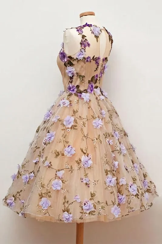 Cute A Line Round Neck Short Tulle Open Back Purple Flowers Homecoming Dresses Crew Neckline Casual