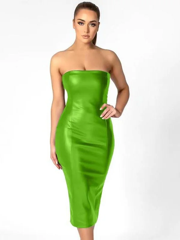 Pu Leather Tube Bodycon Slit Dress Shift Classic Vintage