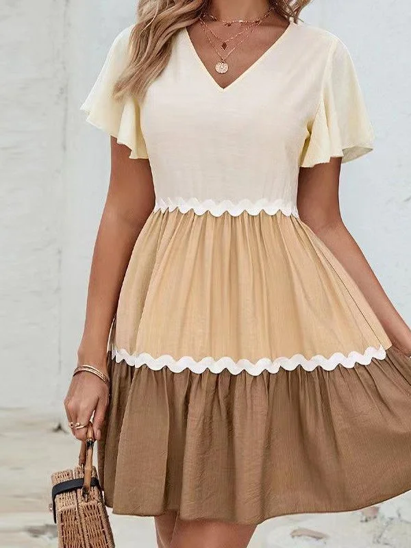 V neck Tricolour Summer Dress Halter Neckline Beach