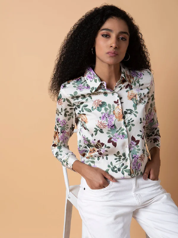 Women Floral Cream Slim Fit Shirt-AE-3271-Cream-- Collared T-Shirt Boat Neck A-Line