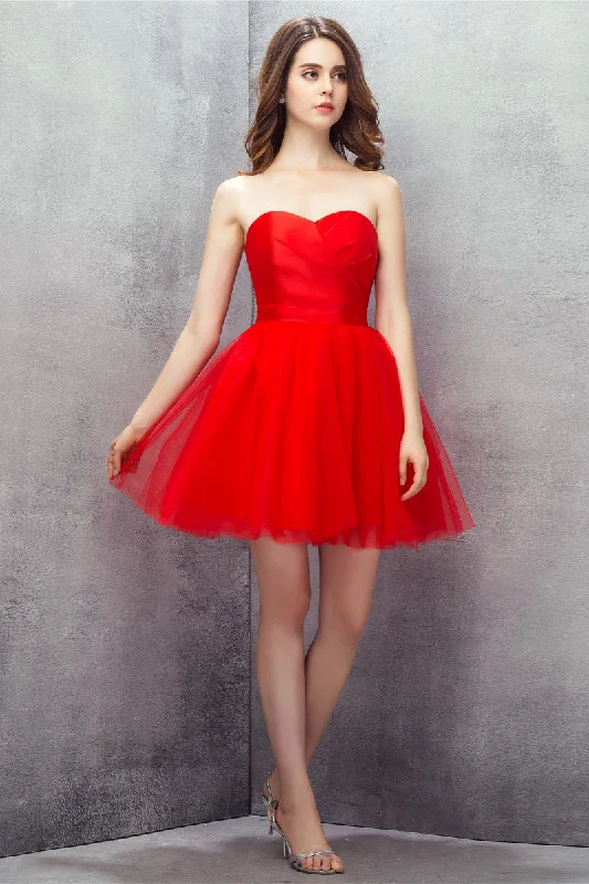 Red Sweetheart Tulle Short Mini Homecoming Dresses Off-the-shoulder Chic Trendy