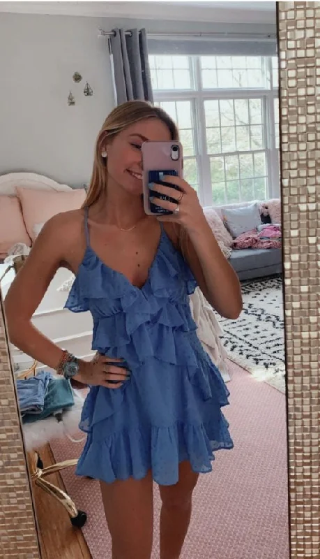 A-line V Neck Blue Short Homecoming Dress Lovely Homecoming Dress Tunics Fashionable trendy