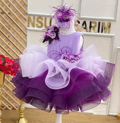 Lilac Baby Girl Pageant Dress With Feather for Birthday,party Tunics Short Trendy