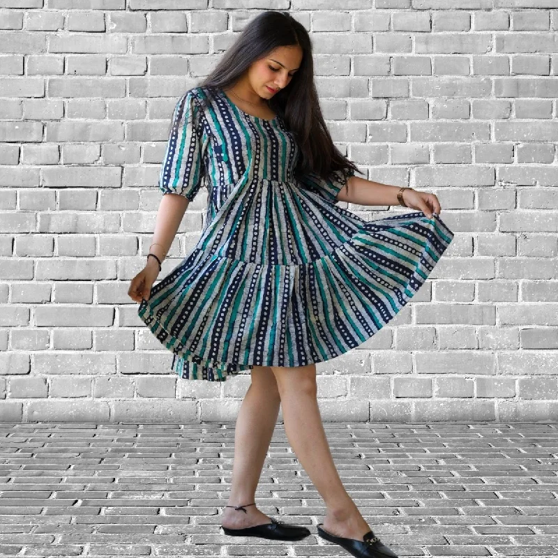 Women Tier Dress | Batik Printed Cotton | Casual Wear | Green Blue Stripe Tunics Fall fleece Women Tier Dress | Batik Printed Cotton | Casual Wear | Green Blue Stripe Tunics Fall fleece