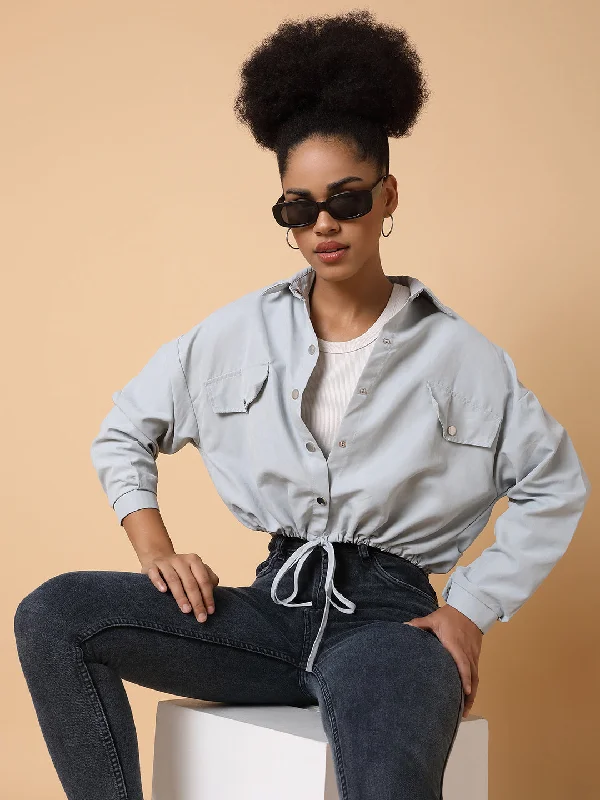Women Grey Crop Shirt-605-2-Grey-- Rayon Fabric Velvet Fabric Corduroy Fabric