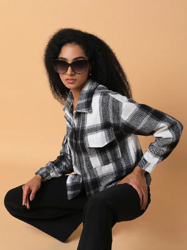Women Checked Black Oversized Shirt-CHN-9013-Black-- Notch Collar Peter Pan Collar Cowl Neck Women Checked Black Oversized Shirt-CHN-9013-Black-- Notch Collar Peter Pan Collar Cowl Neck