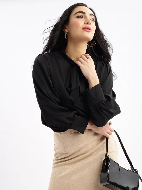Women Solid Mandarin Collar Black Shirt-6620-Black-- Wool Fabric Cashmere Fabric Tweed Fabric Women Solid Mandarin Collar Black Shirt-6620-Black-- Wool Fabric Cashmere Fabric Tweed Fabric