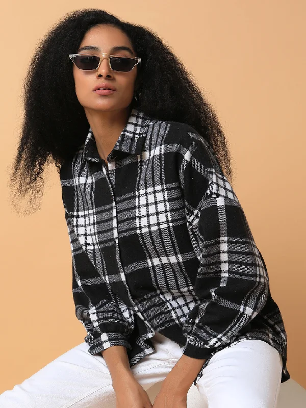 Women Checked Black Oversized Shirt-CHN-9188-Black-- Welt Pockets Slit Pockets
