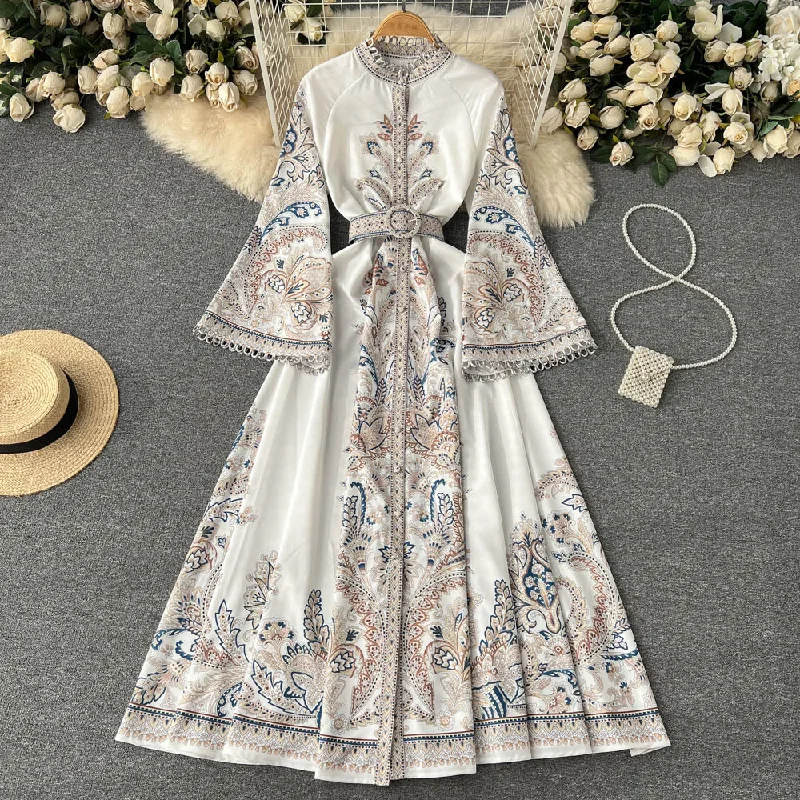 Spring New Vintage Print Round Neck Flare Sleeve Dress Women's Single Breast Large Swing Irregular Pleated Long Dress Tunics Luxurious high-end Spring New Vintage Print Round Neck Flare Sleeve Dress Women's Single Breast Large Swing Irregular Pleated Long Dress Tunics Luxurious high-end