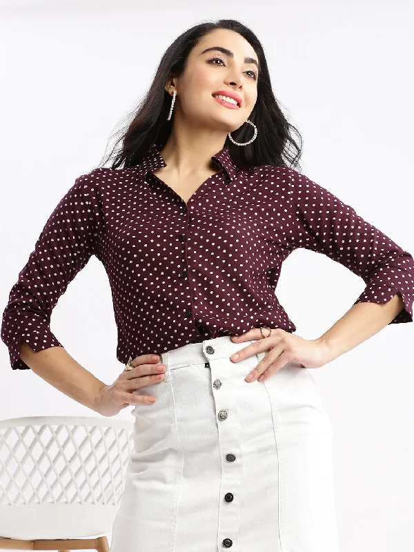 Women Polka Dots Purple Slim Fit Shirt-AE-3161-Purple-- Ribbed T-Shirt High Neck Heavyweight Women Polka Dots Purple Slim Fit Shirt-AE-3161-Purple-- Ribbed T-Shirt High Neck Heavyweight