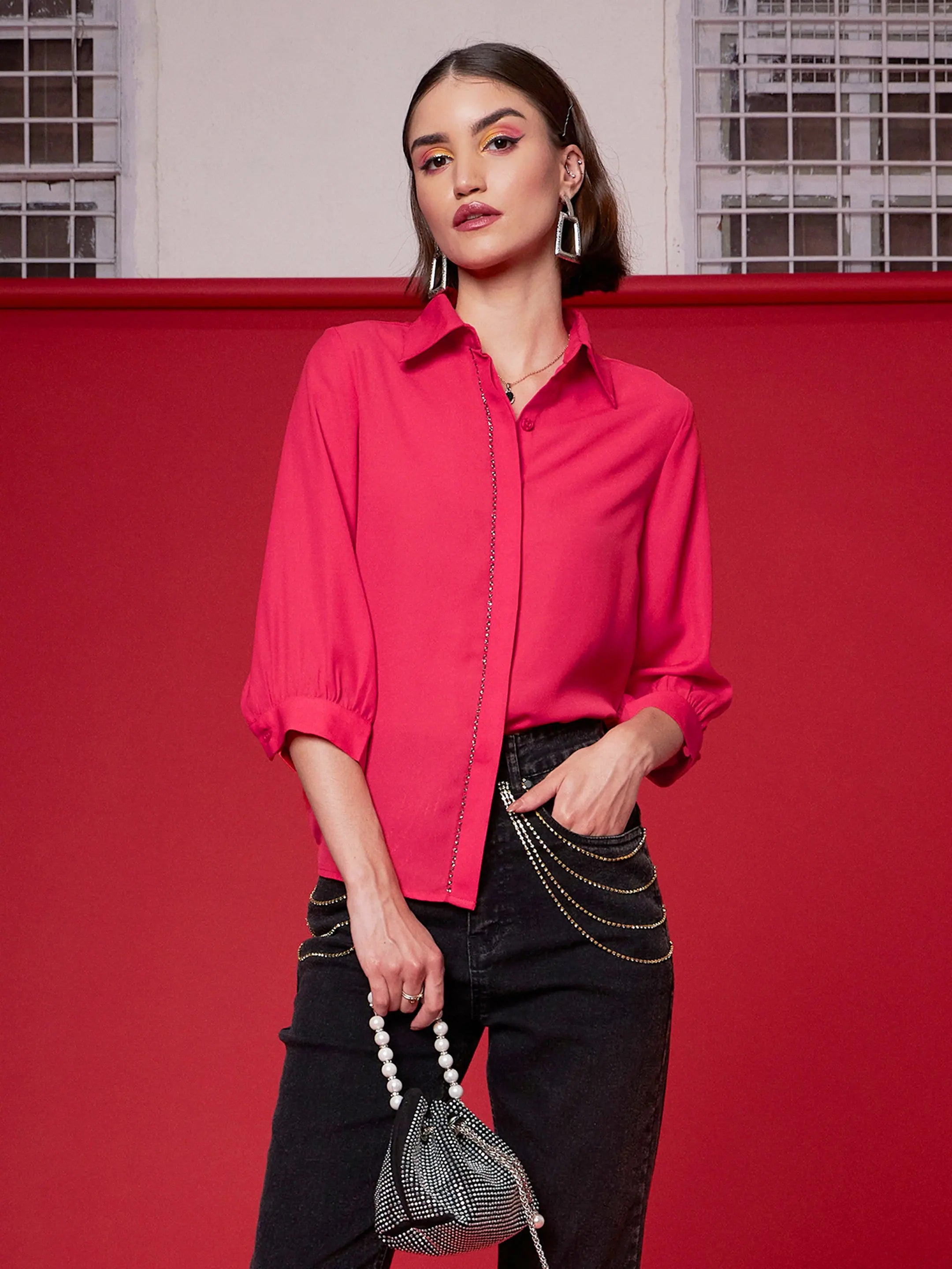 Women Red Front Embroidered Shirt-- Welt Pockets Slit Pockets