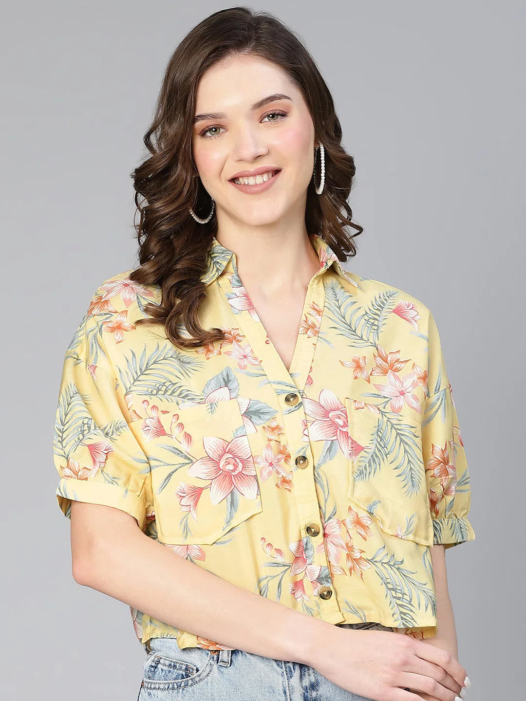 Keen Yellow Floral Print Short Slevee Women Shirt-- Sequined Glittery Shiny