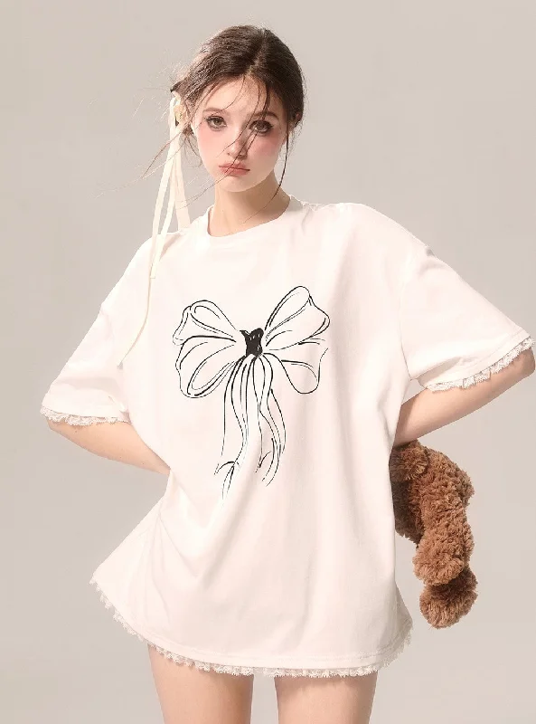 Bow Lace Edge White Loose Short-sleeved T-shirt DIA0083-- Nylon Fabric Polyester Fabric Spandex Fabric Bow Lace Edge White Loose Short-sleeved T-shirt DIA0083-- Nylon Fabric Polyester Fabric Spandex Fabric
