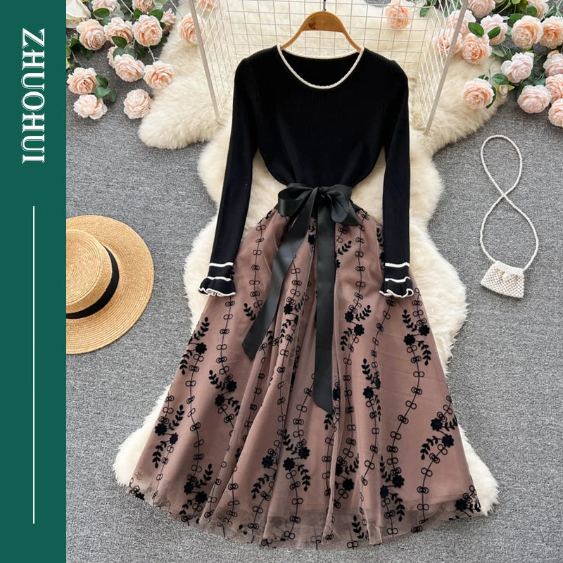 Sweet Round Collar Long Sleeve High Waist Knit Patchwork Mesh Embroidery A-Line Dresses Women Lady Elegant Knitting Dress Tunics Modern contemporary Sweet Round Collar Long Sleeve High Waist Knit Patchwork Mesh Embroidery A-Line Dresses Women Lady Elegant Knitting Dress Tunics Modern contemporary