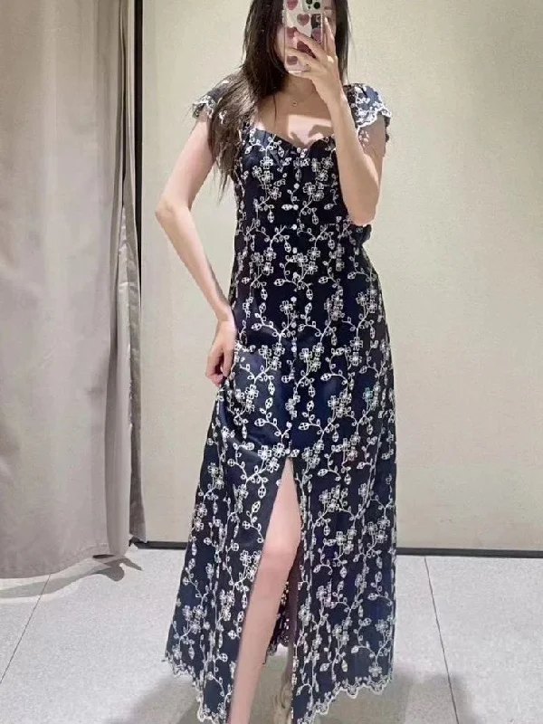 Embroidered Slit Maxi Cotton Dress Tunics Long Elegant