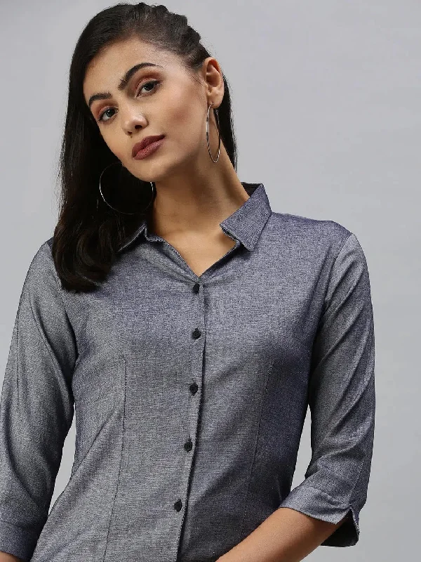 Women's Blue Solid Shirt-AE-5550176-Navyblue-- Denim Fabric Leather Fabric Suede Fabric