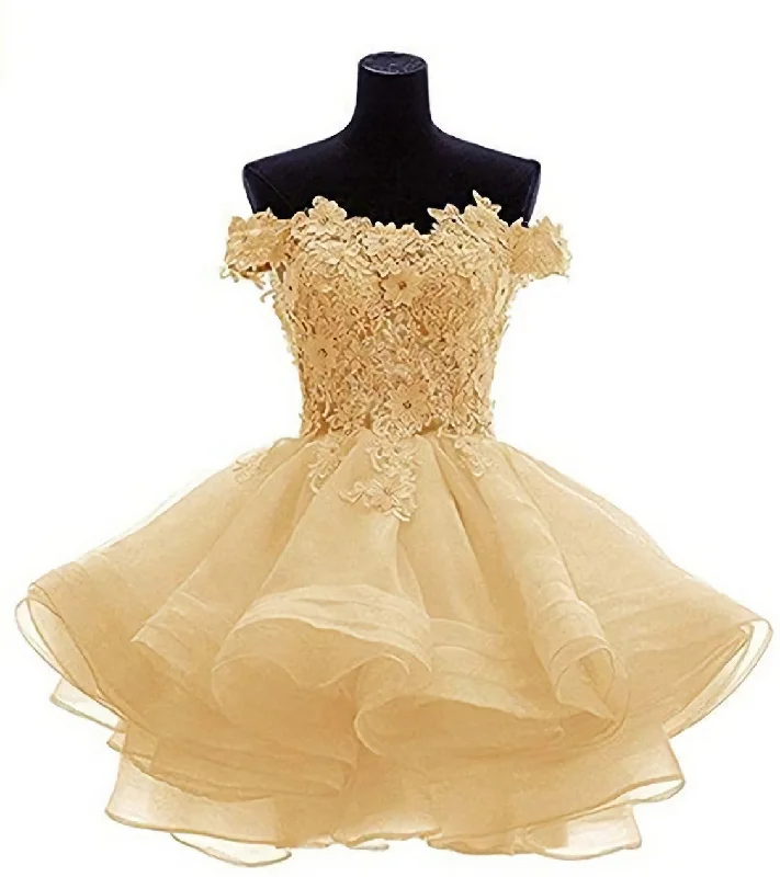Elegant Yellow Appliques Tulle Dress, Ruffles Off Shoulder Short Homecoming Dress Tunics Stylish modern Elegant Yellow Appliques Tulle Dress, Ruffles Off Shoulder Short Homecoming Dress Tunics Stylish modern
