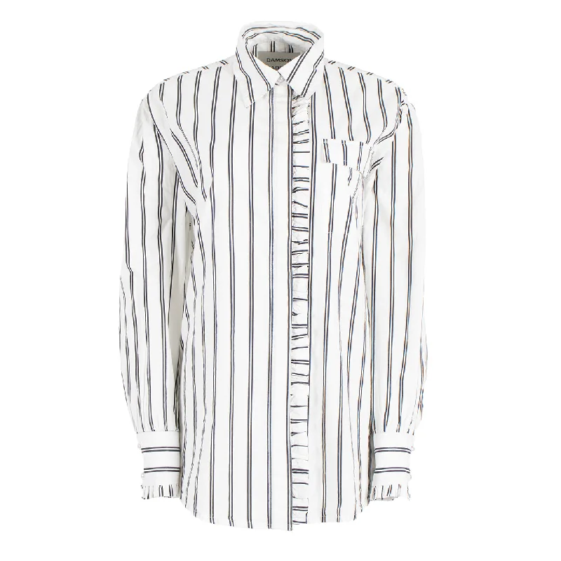 Damson Madder Kylie Ruffle Shirt White Stripe-- Collared Crew Neck Turtle Neck