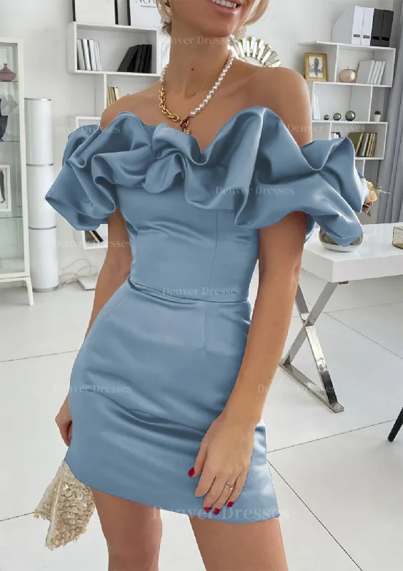 Sheath/Column Off-the-Shoulder Sleeveless Satin Short/Mini Homecoming Dress With Ruffles Tunics Formal black Sheath/Column Off-the-Shoulder Sleeveless Satin Short/Mini Homecoming Dress With Ruffles Tunics Formal black