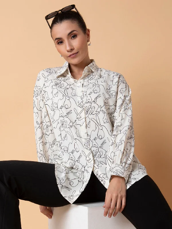 Women Printed Cream Oversized Shirt-CHN-2006-Creamblack-- Terry Blend Velvet Blend Canvas Blend Women Printed Cream Oversized Shirt-CHN-2006-Creamblack-- Terry Blend Velvet Blend Canvas Blend