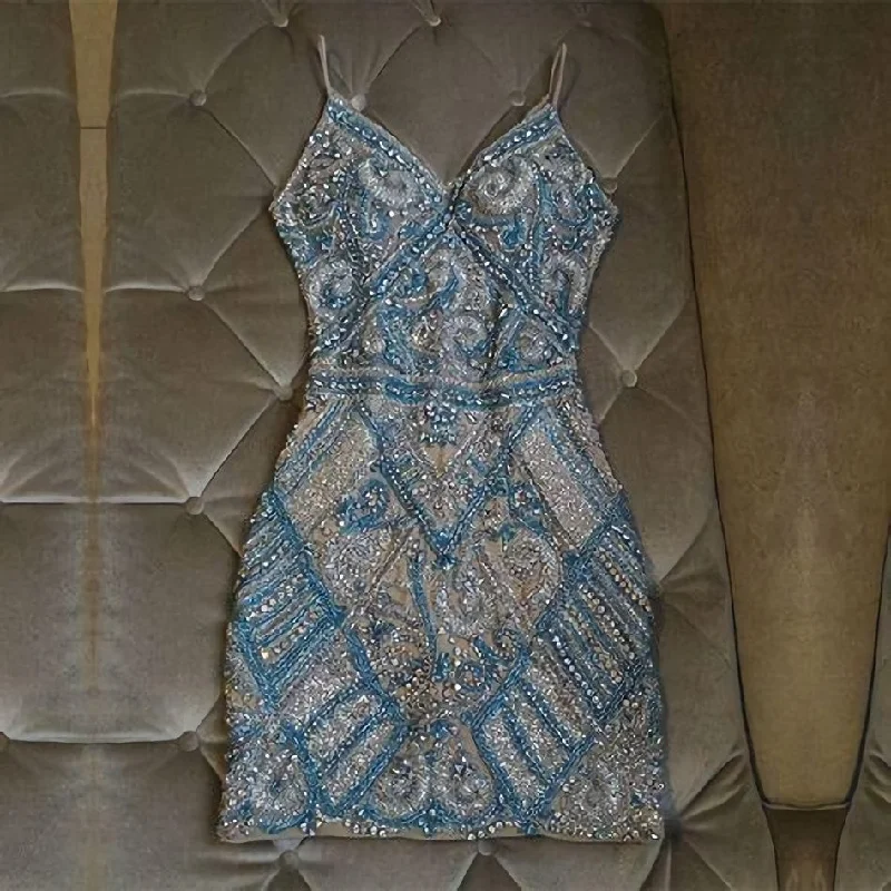 Silver And Turquoise Crystal Beaded Homecoming Dresses, Short Tunics Polka dots