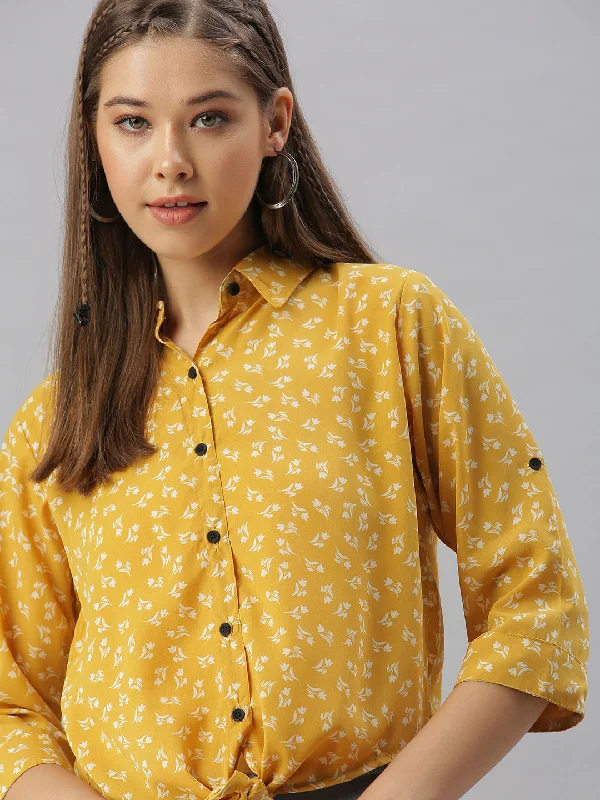 Women Collared Printed Mustard Shirts-AE-3330121-Mustard-- Fleece Nylon Spandex