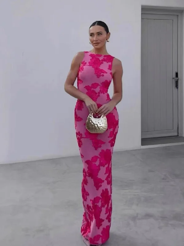 Pink Mesh 3D Applique Plate Floral Sheath Dress Tunics Velvet soft