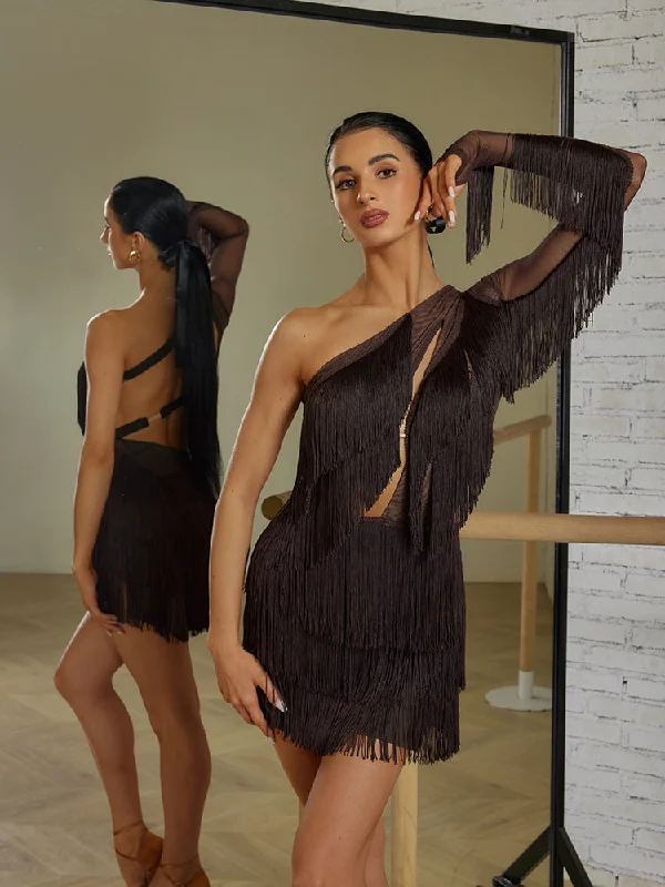ZYM Dance Style Swana Fringe Dress #2395 Latin Practice Dress with Layers of Fringe, Asymmetrical Neckline, Single Long Mesh Sleeve, and Open Back Available in Chocolate Brown and Black PRA 1112 in Stock Tunics Party sparkling ZYM Dance Style Swana Fringe Dress #2395 Latin Practice Dress with Layers of Fringe, Asymmetrical Neckline, Single Long Mesh Sleeve, and Open Back Available in Chocolate Brown and Black PRA 1112 in Stock Tunics Party sparkling