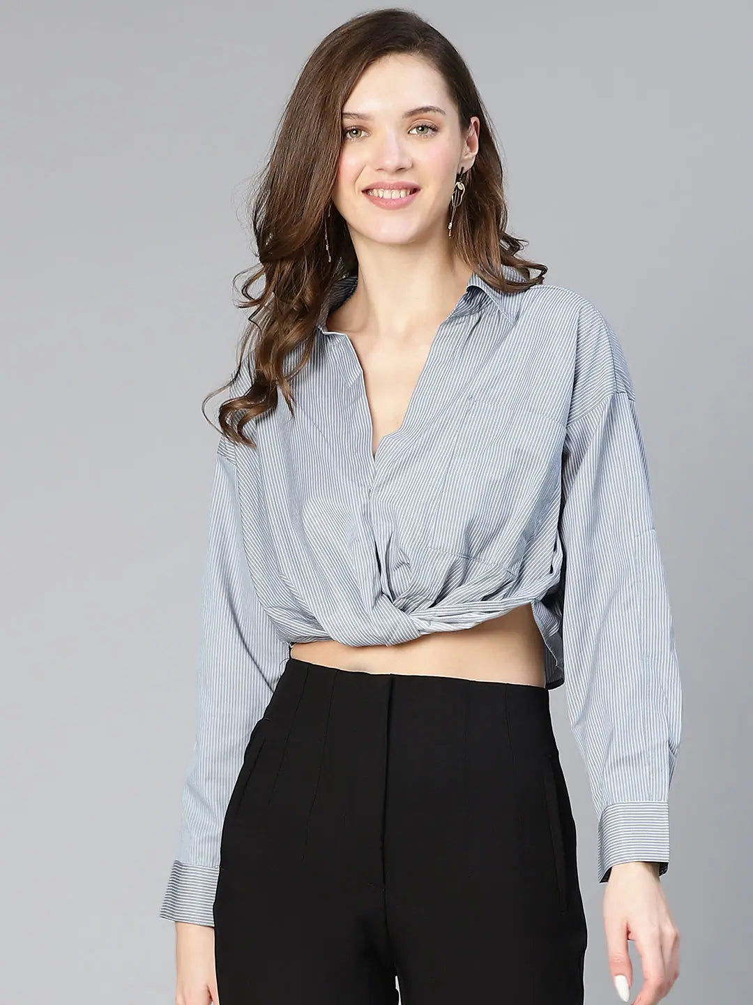 Women grey stripe print open collared cotton crop shirt-- Collared T-Shirt Boat Neck A-Line Women grey stripe print open collared cotton crop shirt-- Collared T-Shirt Boat Neck A-Line