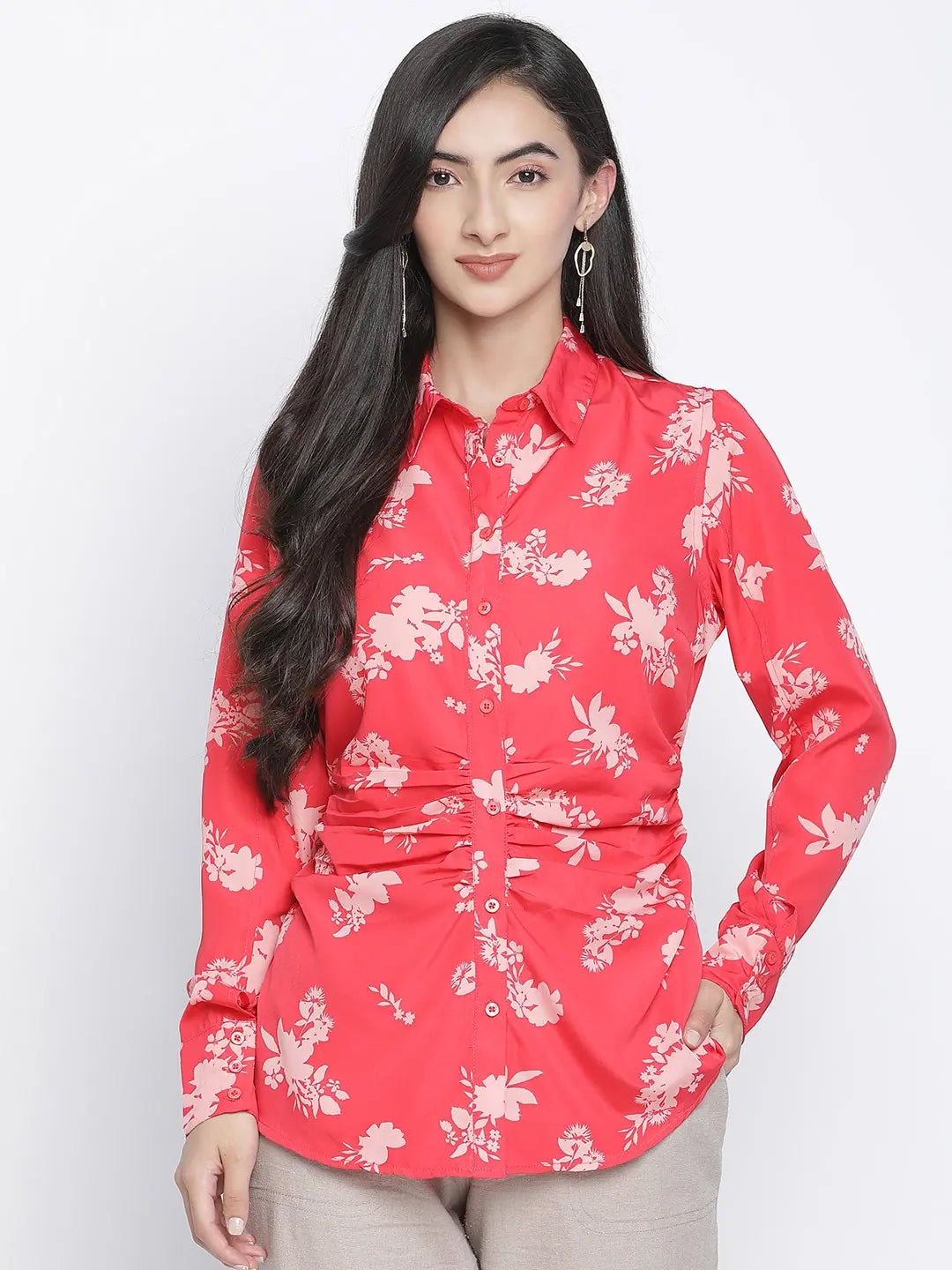 Rizzling red floral print women shirt-- Oversized T-Shirt Spandex breathable