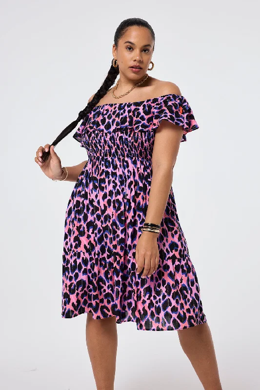 Pink with Blue & Black Lurex Shadow Leopard Short Bardot Dress Tunics Timeless classic Pink with Blue & Black Lurex Shadow Leopard Short Bardot Dress Tunics Timeless classic