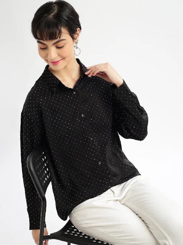 Women Solid Black Shirt-18-Black-- Mesh Blend Leather Blend Suede Blend
