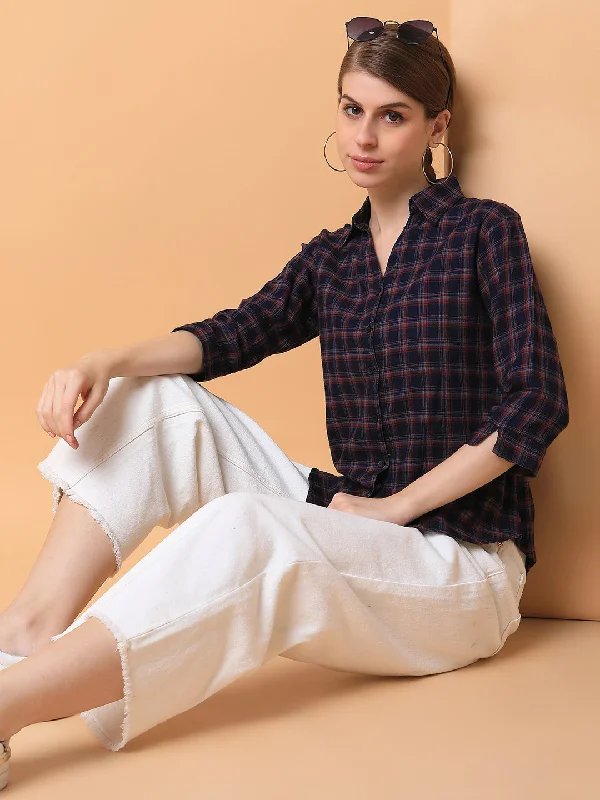 Women Checked Navy Blue Slim Fit Shirt-AE-3157-Navyblue-- Casual Formal Business
