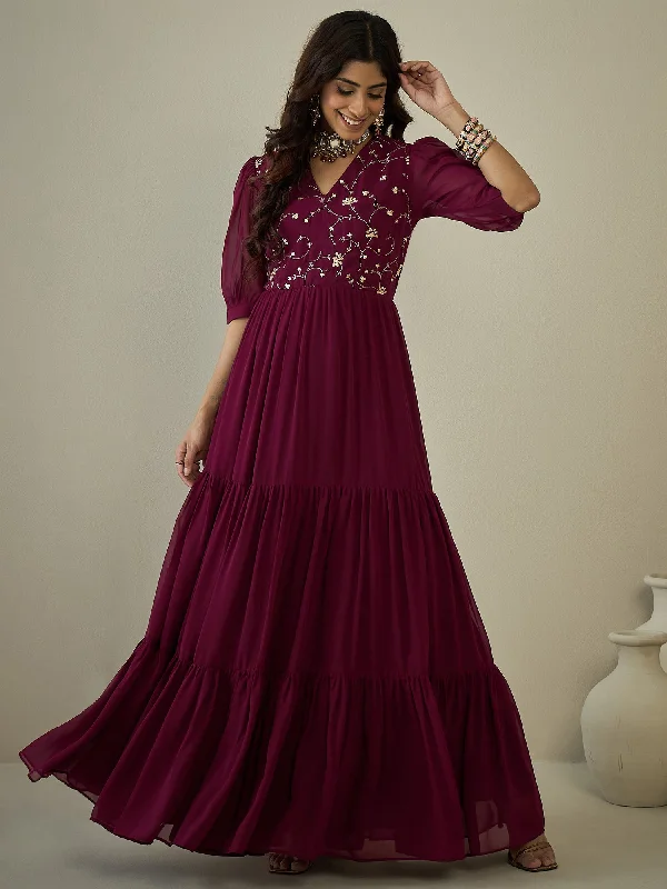 Embroidered Sequinned Tiered Maxi Ethnic Dresses Turtleneck Neckline Stylish