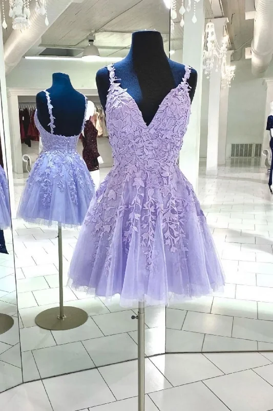 Purple V Neck Tulle Lace Short Homecoming Dress, Lace Cocktail Dress Tunics Luxurious premium Purple V Neck Tulle Lace Short Homecoming Dress, Lace Cocktail Dress Tunics Luxurious premium