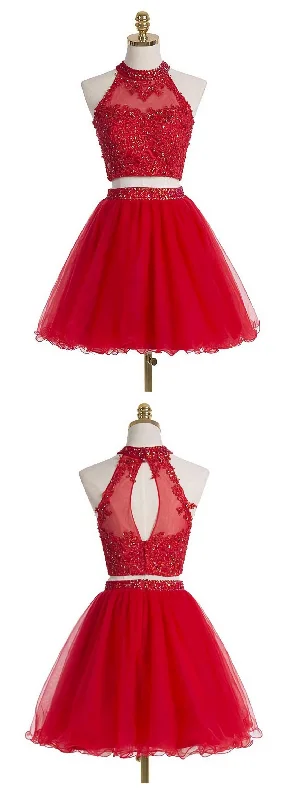 Two Piece Scoop Short Red Organza Beaded Homecoming Dress, With Appliques Sequins Tunics Trendy modern Two Piece Scoop Short Red Organza Beaded Homecoming Dress, With Appliques Sequins Tunics Trendy modern