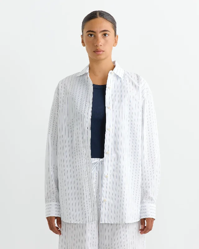 Ole Shirt in White Blue Stripe-- Chenille Brocade Lace