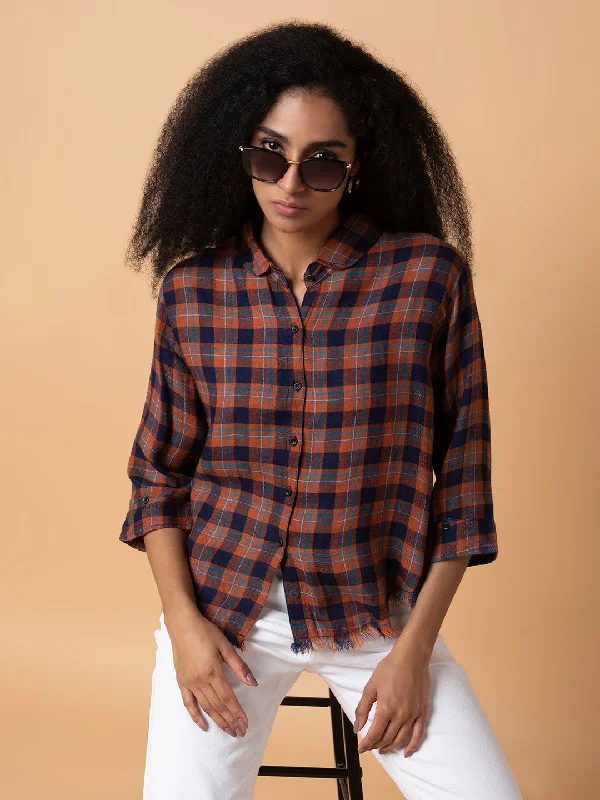 Women Checked Rust Slim Fit Shirt-AE-333116-Rust-- Hooded Caped Shawl Collar