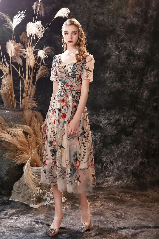 A Line V-Neck Short Sleeve Embroidery Tulle Tea Length Short Homecoming Dresses Tunics Seasonal trendy A Line V-Neck Short Sleeve Embroidery Tulle Tea Length Short Homecoming Dresses Tunics Seasonal trendy